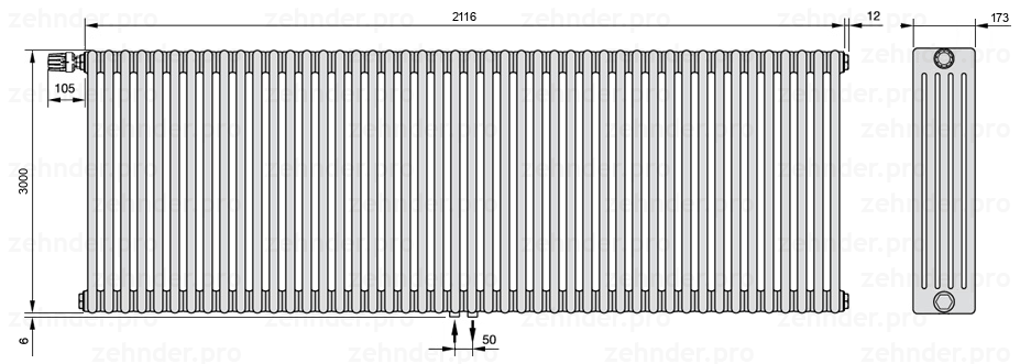 Схема (чертеж) Радиатор Zehnder Charleston 5300/46 №V007 Белый глянцевый RAL 9016